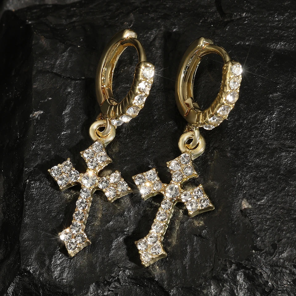 Minimalist zirconia cross dangle earrings for women, featuring sparkling cross charms and delicate drop design