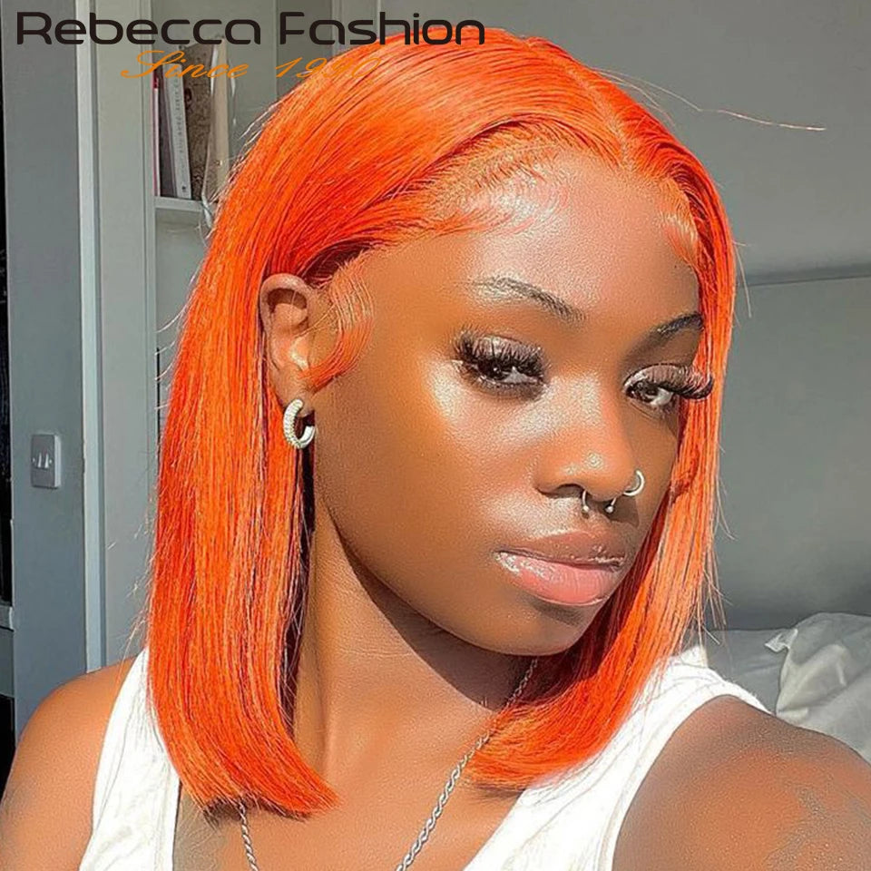 Rebecca short brown Peruvian straight lace front human hair wig with reddish brown color and T lace part for women.