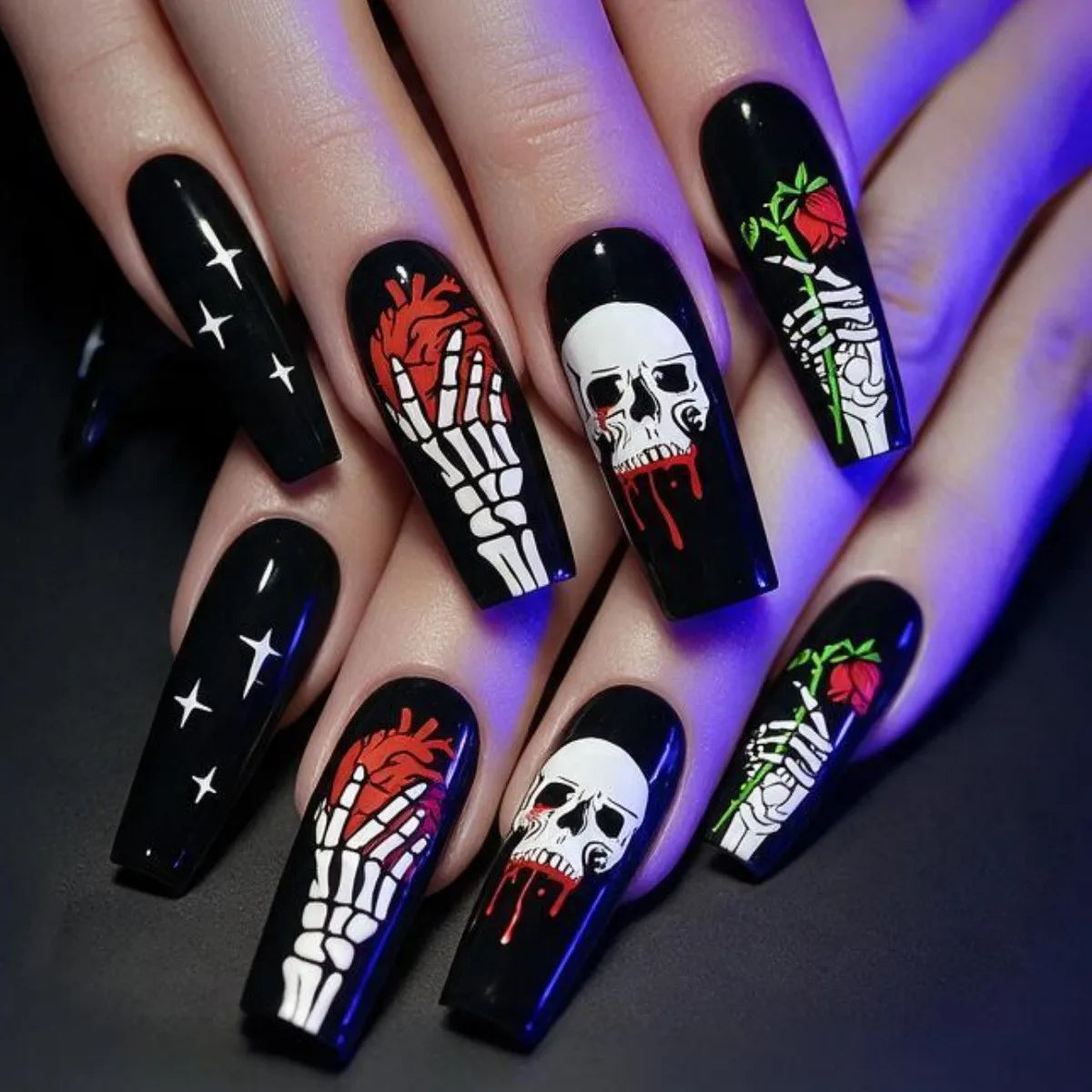 24-piece glitter pink press-on false nails with Halloween skull and love print, European ballet style by HSF Marketplace