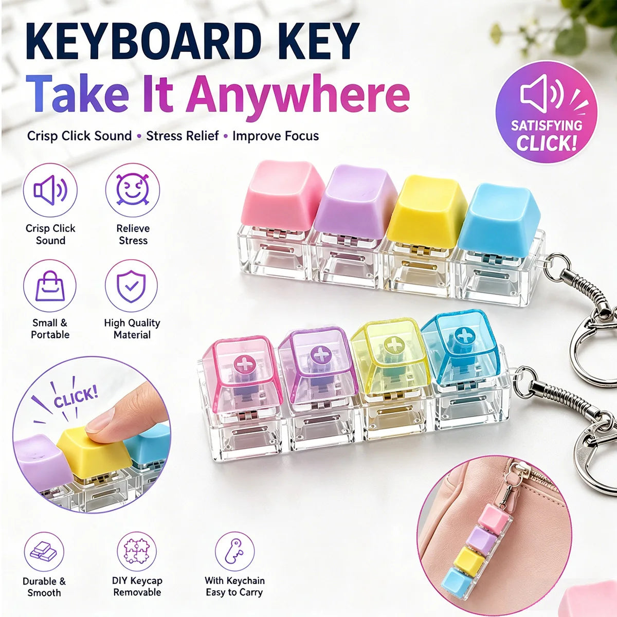 HSF Marketplace crystal keyboard keychain fidget toy, sensory stress relief clicker, colorful compact keychain for kids and adults