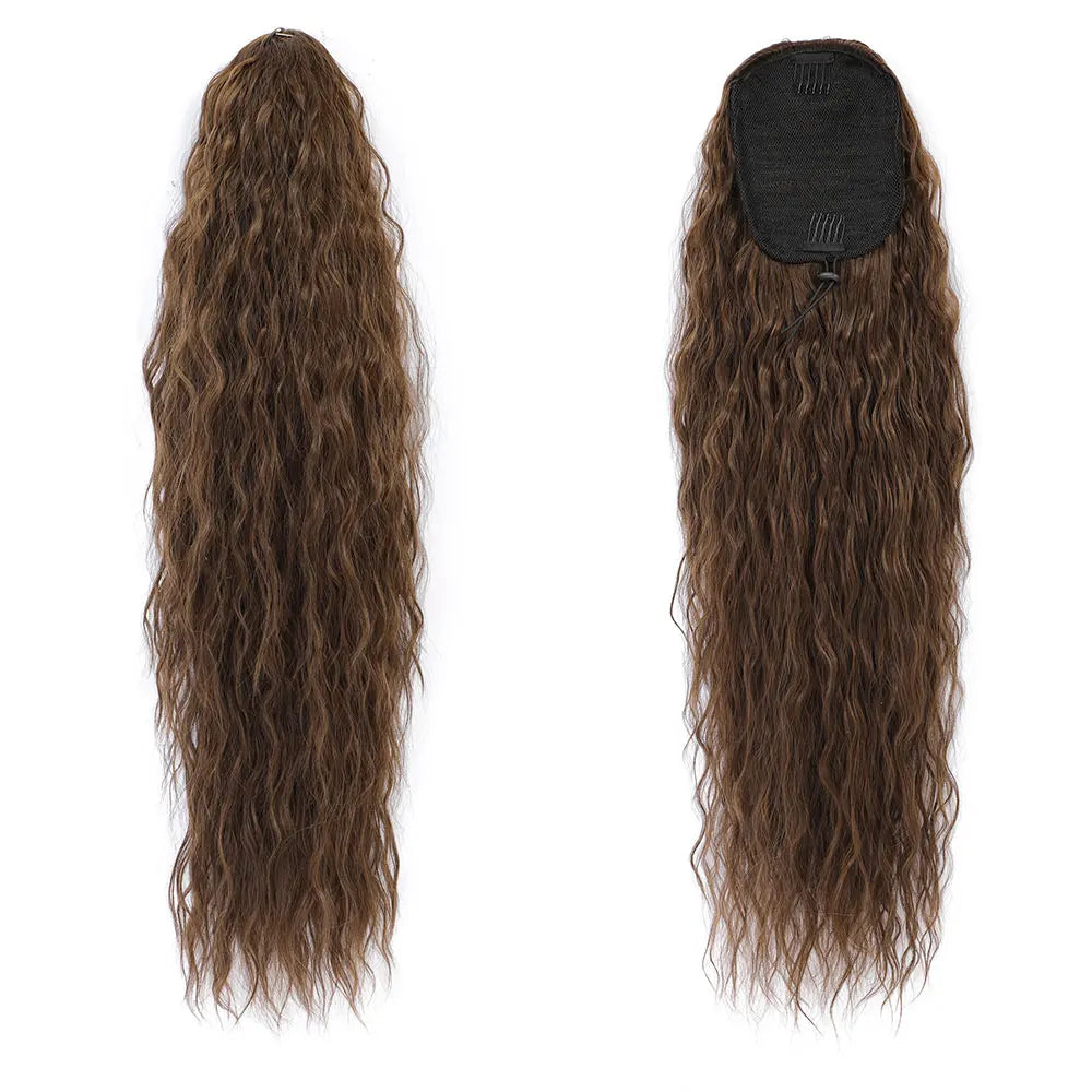 HSF Marketplace 26-inch ombre brown-blonde water curly drawstring ponytail clip, 180g heat-resistant synthetic hair