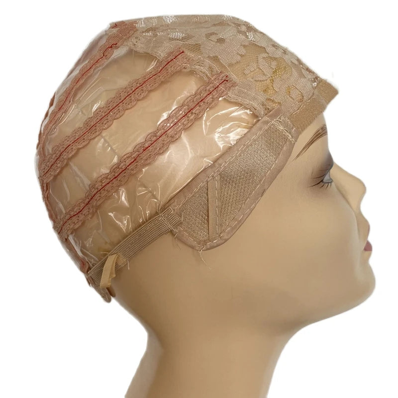 Beige 5PCS Medium Black Wig Making Cap Top Stretch Plastic Weaving Cap with Adjustable Strap for Making Wigs