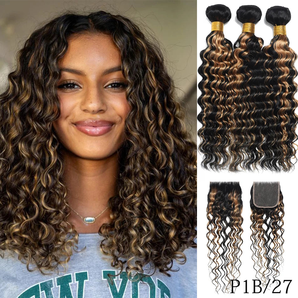 100% Human Hair Bundles With Closure Deep Wave Bundles With 4x4 HD Lace Closure Ombre Wet and Wavy Deep Curly Hair With Closure