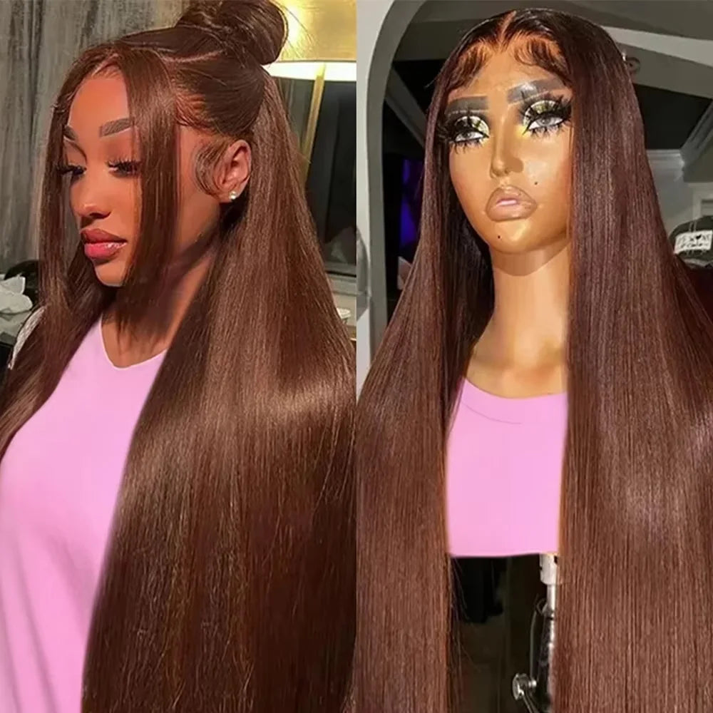 Straight chocolate brown human hair wig with 13x4 and 13x6 lace frontal, 200% density, 46-inch Remy real hair for women.