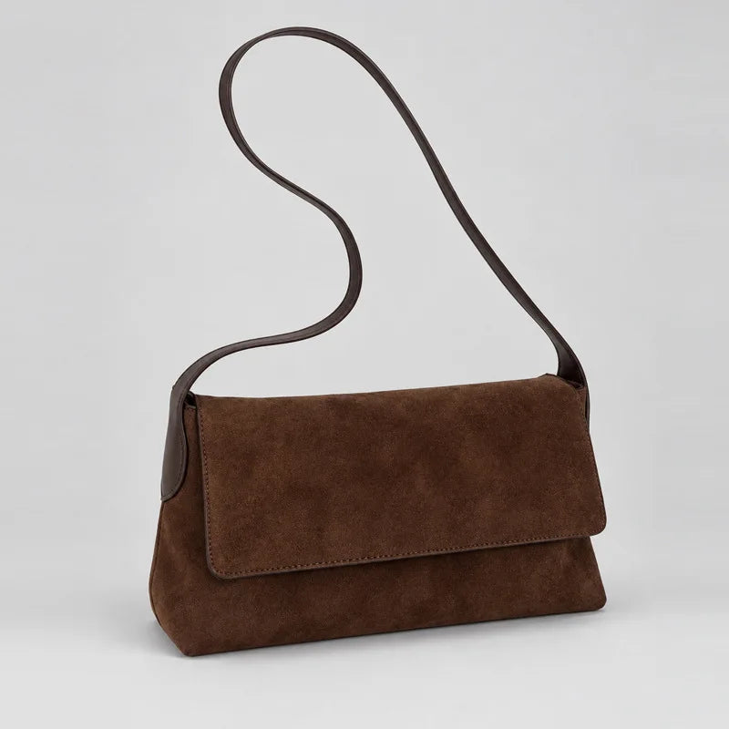 Vintage faux suede shoulder bag for women by HSF Marketplace, featuring a structured design and shoulder strap