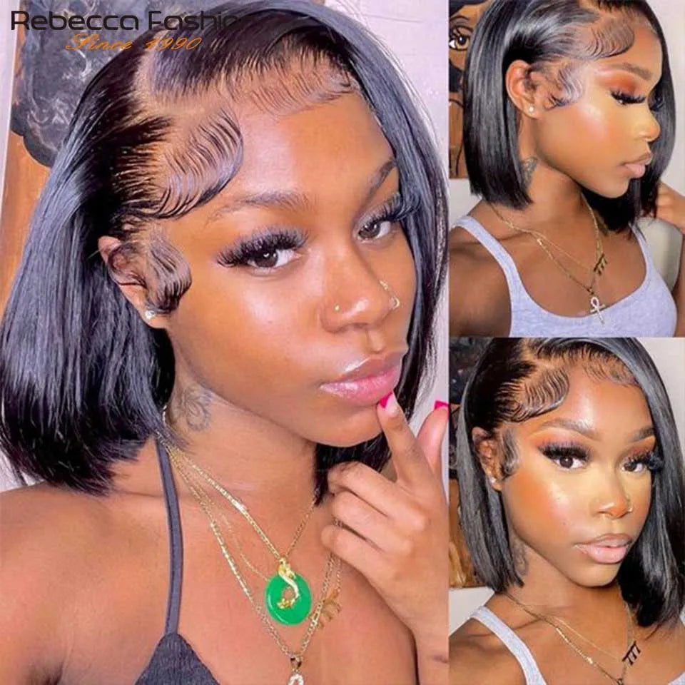 Rebecca Short Bob lace front wig by HSF Marketplace, Brazilian straight human hair with pre-plucked baby hairs, designed for black women.
