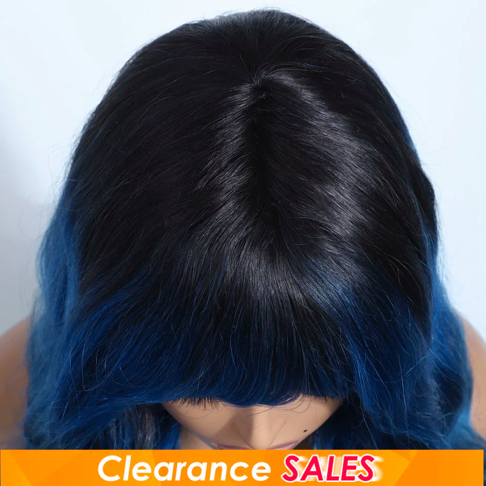 Blue body wave human hair wig with bangs, full machine-made, Brazilian 180D texture, styled for cosplay or everyday wear.