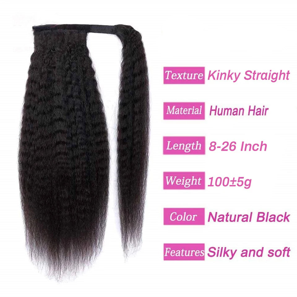 Kinky straight virgin human hair wrap-around ponytail with clips and magic paste by HSF Marketplace