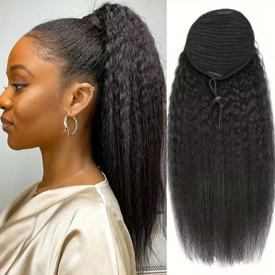Human hair kinky straight drawstring ponytail extension, 12-24 inch yaki straight clip-in ponytail for Black women