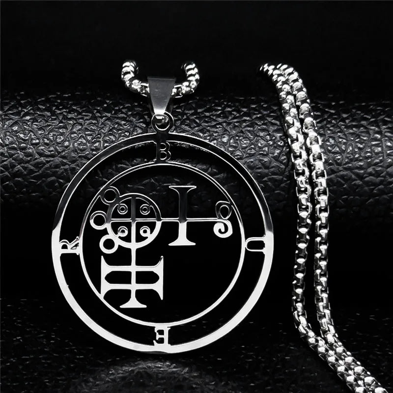 Stainless steel Satan necklace featuring Baphomet and Sigil De Lucifer design with chain, jewelry style by HSF Marketplace.