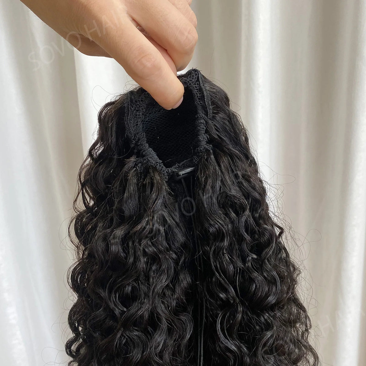Burmese curly drawstring ponytail human hair extension, 14-inch short virgin hair piece in natural black