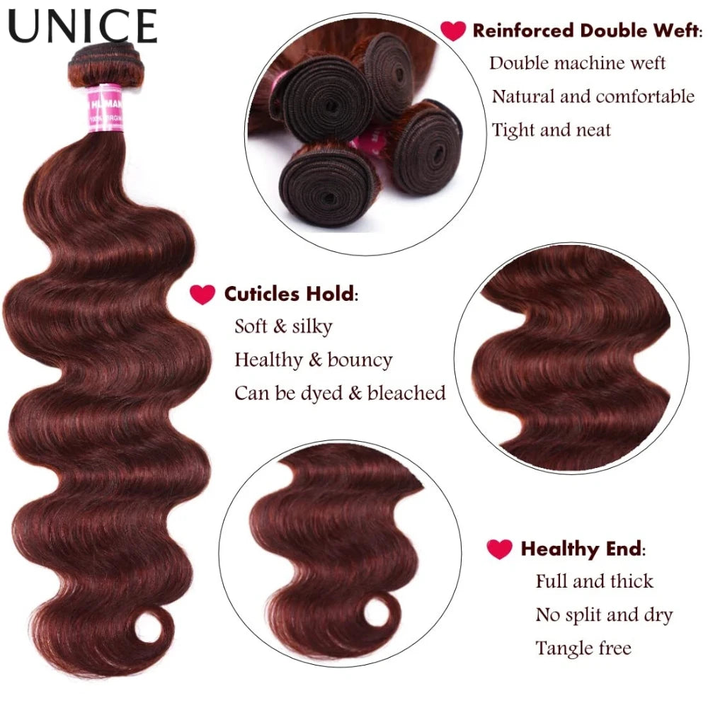 Reddish brown body wave human hair bundles with lace closure by HSF Marketplace