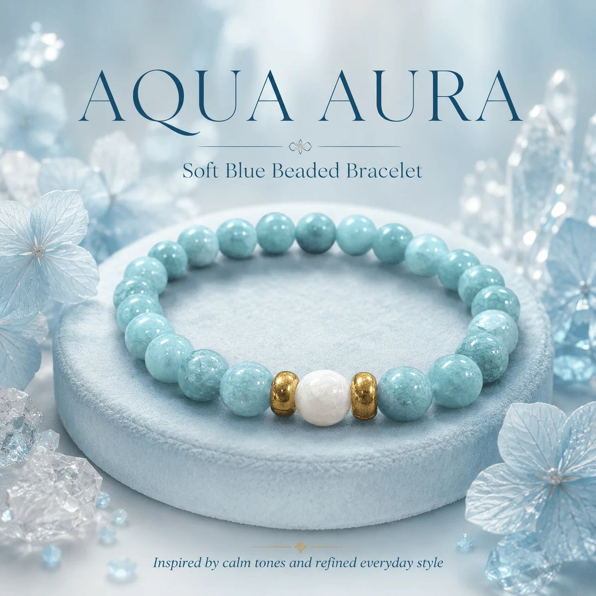 Aqua-Blue Beaded Stretch Bracelet; A Glossy, Marble-Patterned Round Bead Bracelet for Women and Girls—Stylish Everyday Jewelry