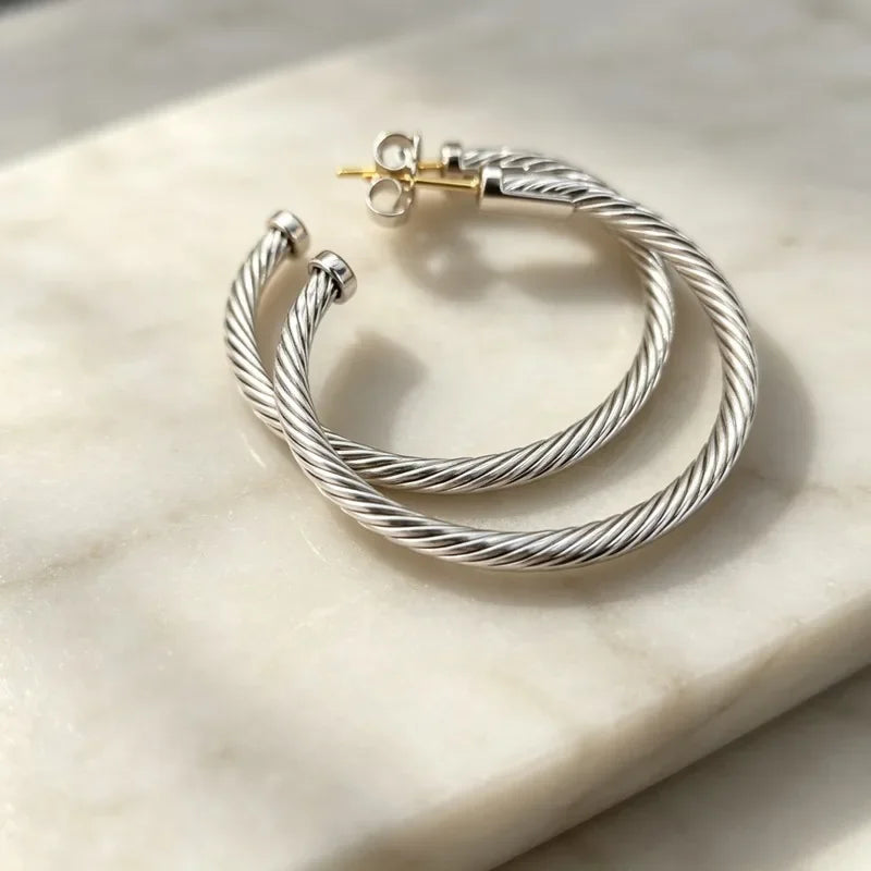 Silver tone large twisted wire hoop earrings with gold posts, alloy classic jewelry for women