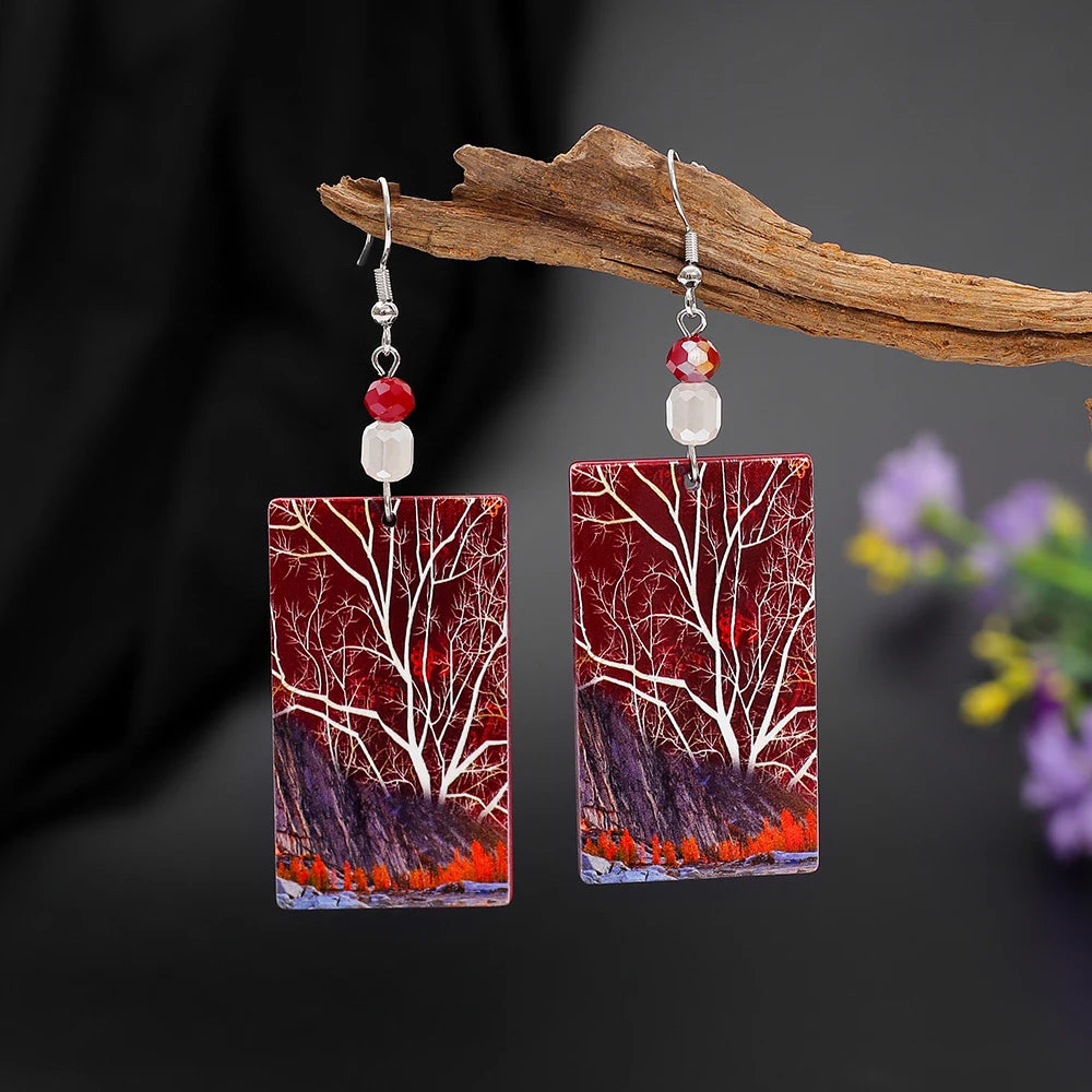 Red brown vintage tree dangle earrings for women by HSF Marketplace