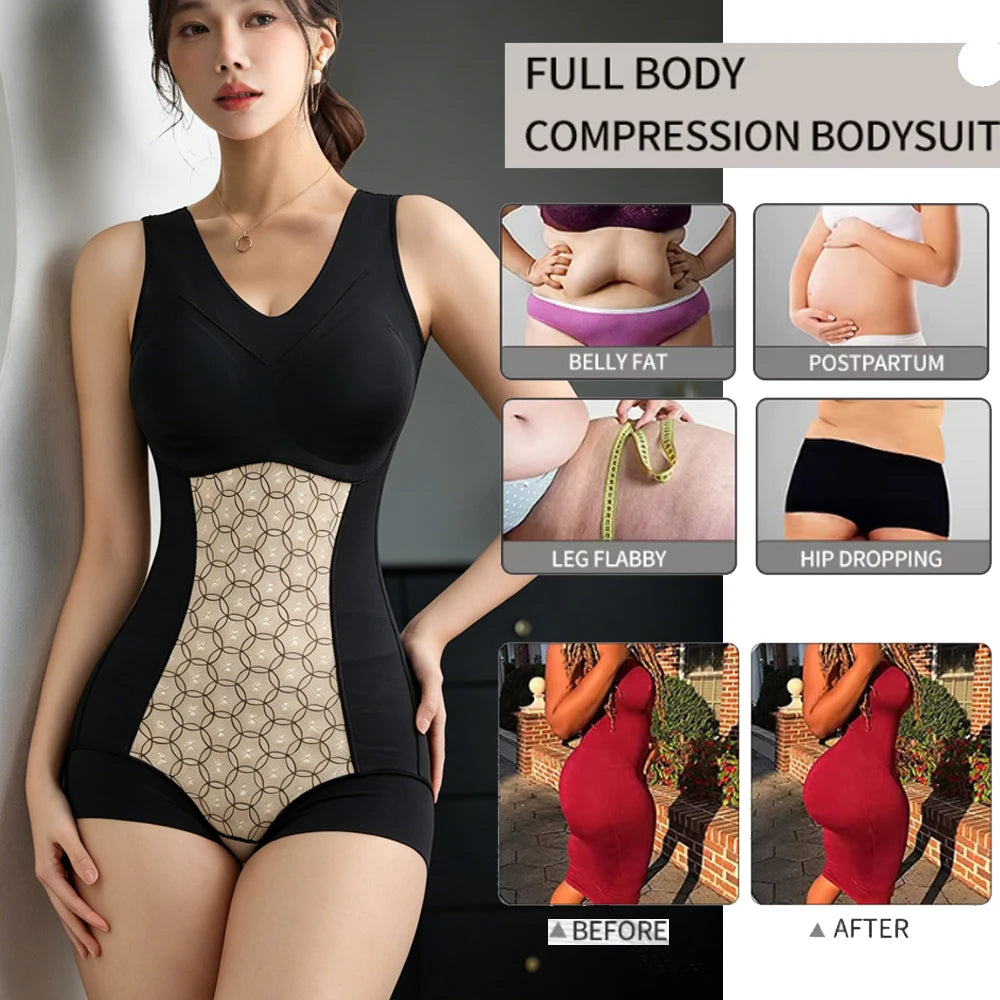 HSF Marketplace women’s body shapewear bodysuit with abdomen control, hip-open design, applique, and built-in bra support