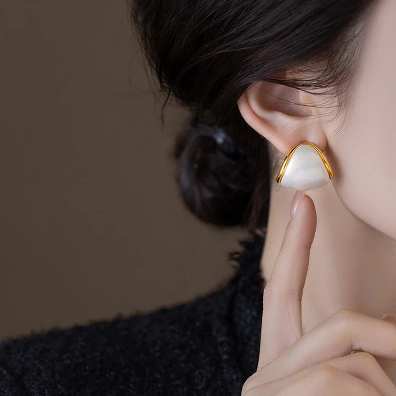 Minimalist triangle imitation pearl gold-plated earrings with white studs for women by HSF Marketplace