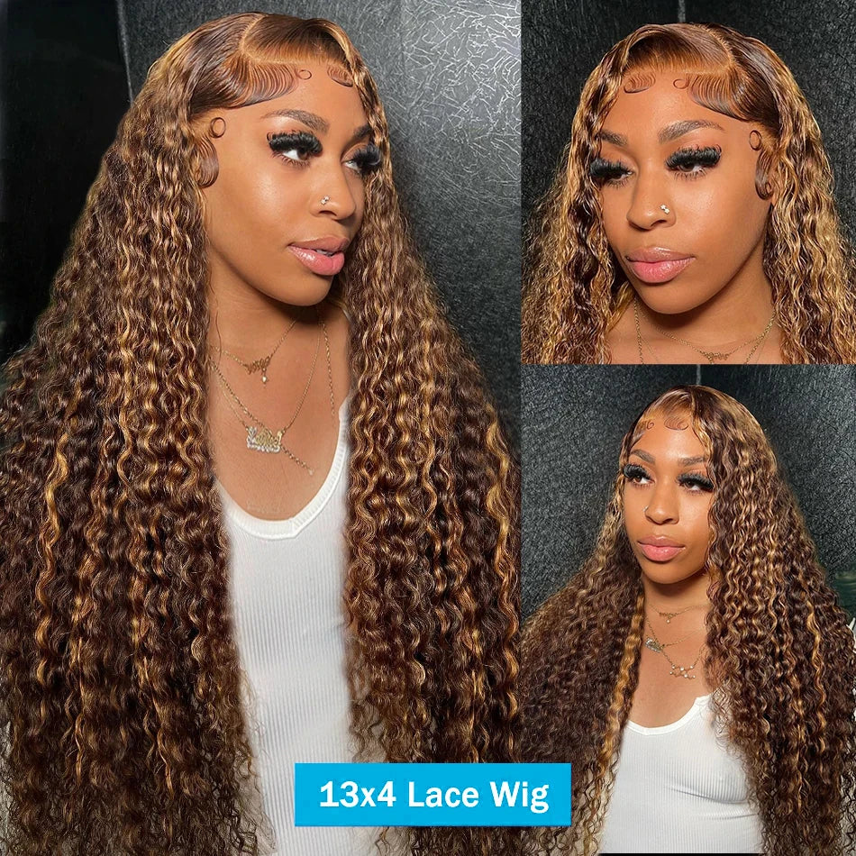 30 Inch Highlight Honey Brown Curly Human Hair Wig 13x6 Lace Front Ombre Colored Deep Wave Lace Frontal Wig for Women
