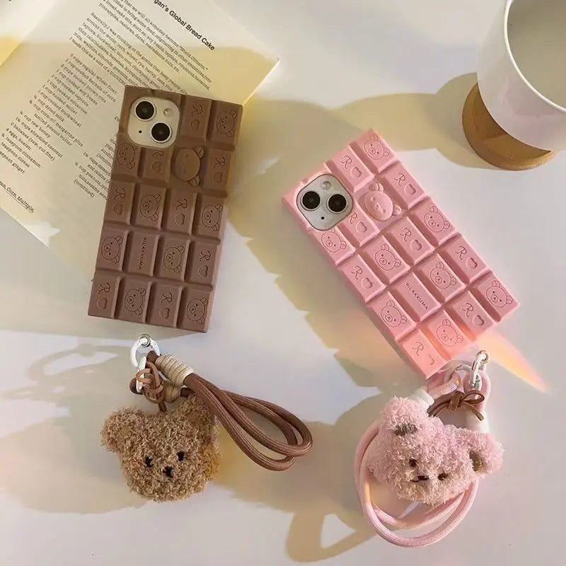 3D Rilakkuma phone case for iPhone 11–17 with cute strap in a playful bear design