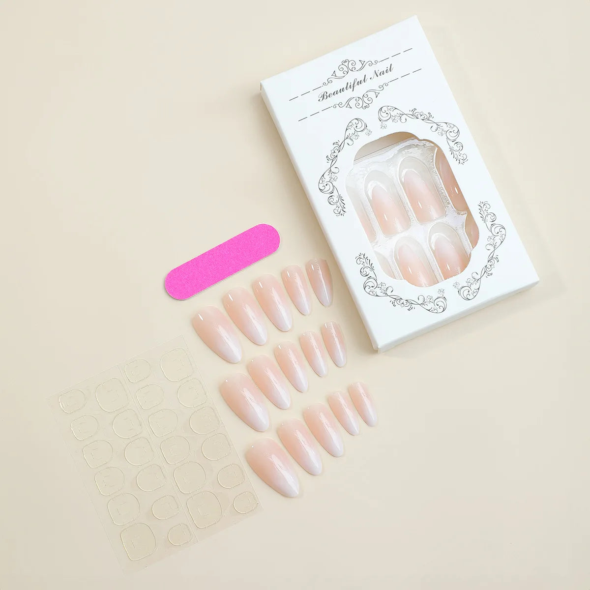 HSF Marketplace medium-length almond press-on false nails with handmade ombre design, 24-piece reusable set