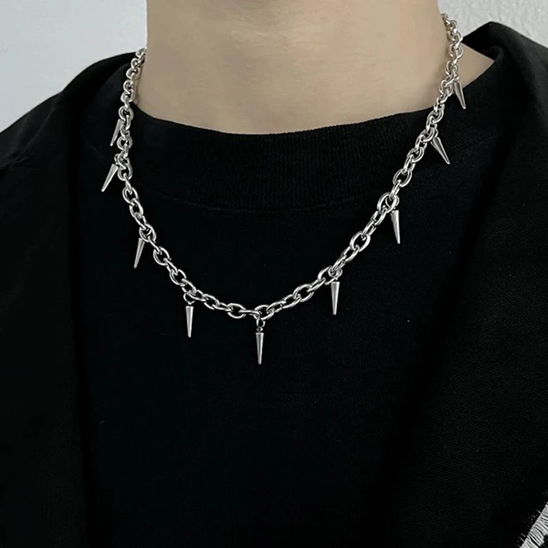 Stainless steel punk aesthetic stud choker necklace with rivet pendant for men and women, gothic jewelry, cool hip hop style.