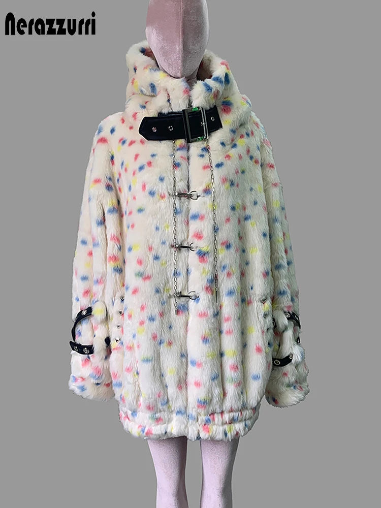Women's multicolored faux fur winter coat with hood, fluffy Harajuku punk style by HSF Marketplace