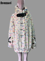 Women's multicolored faux fur winter coat with hood, fluffy Harajuku punk style by HSF Marketplace