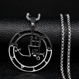 Stainless steel Satan necklace featuring Baphomet sigil and chain design, with laser-etched Asmoday and Lucifer symbols.