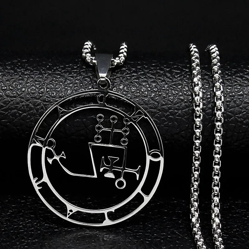 Stainless steel Satan necklace featuring Baphomet sigil and chain design, with laser-etched Asmoday and Lucifer symbols.