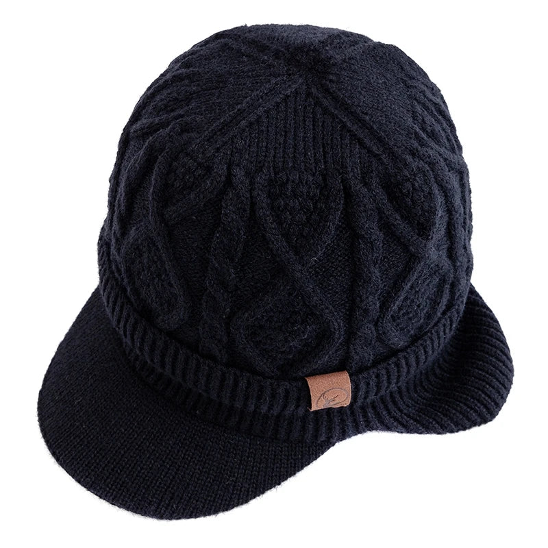 Unisex plush fur lined earflap beanie hat, thick knitted winter ski cap in soft warm fabric