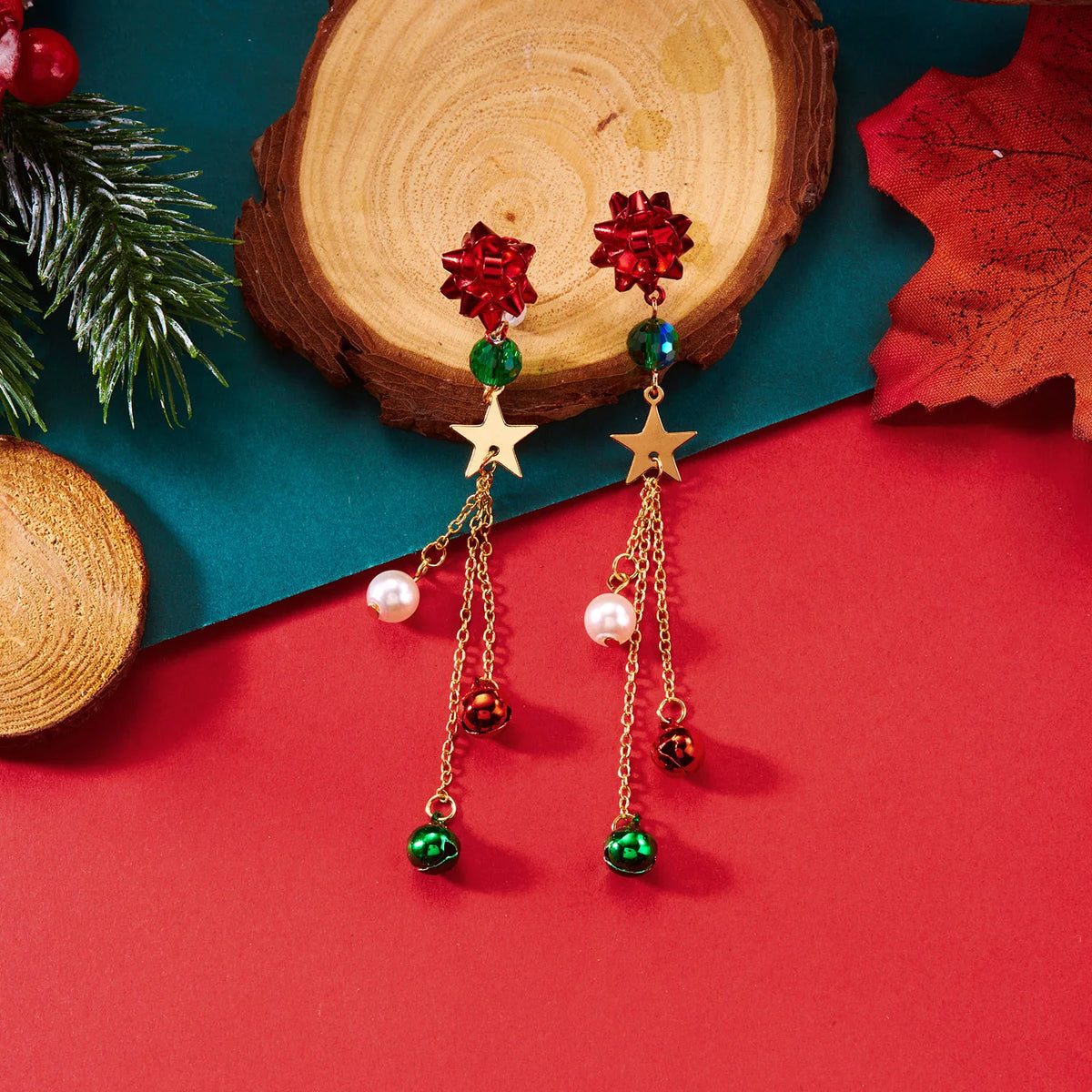 Merry Christmas pearl flower star bell dangle earrings for women by HSF Marketplace