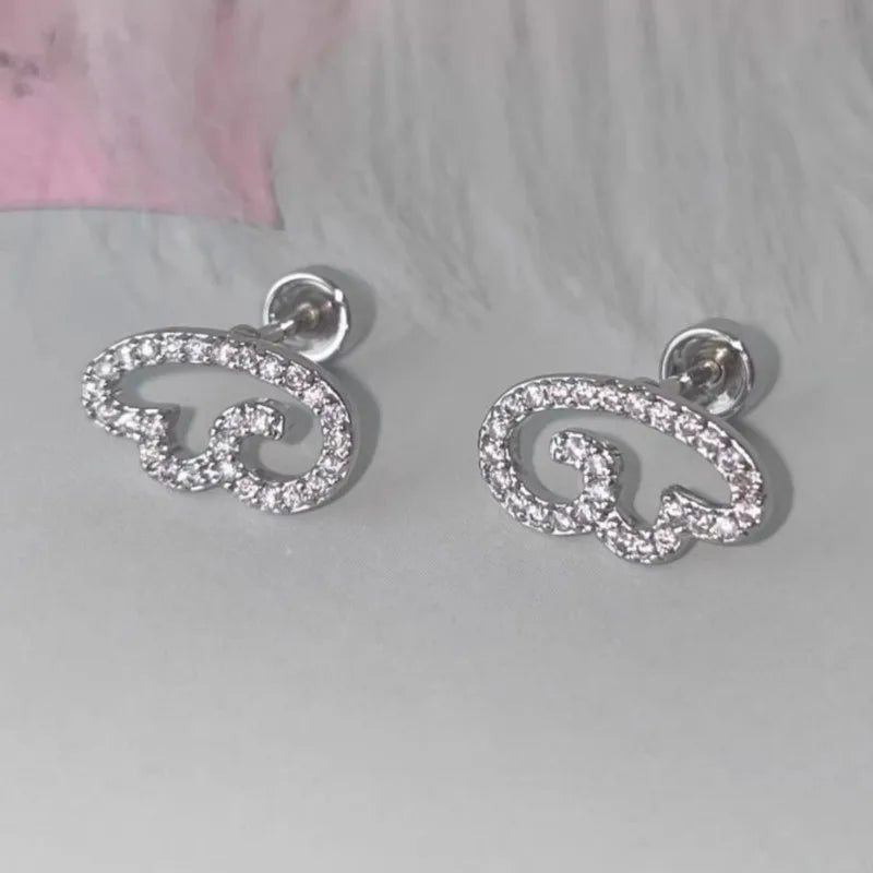 Sparkly full diamond angel wings geometric hollow stud earrings in silver color metal