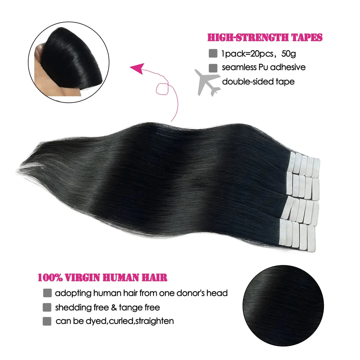Straight seamless tape-in Remy human hair extensions, 20-piece skin weft set in natural black by HSF Marketplace