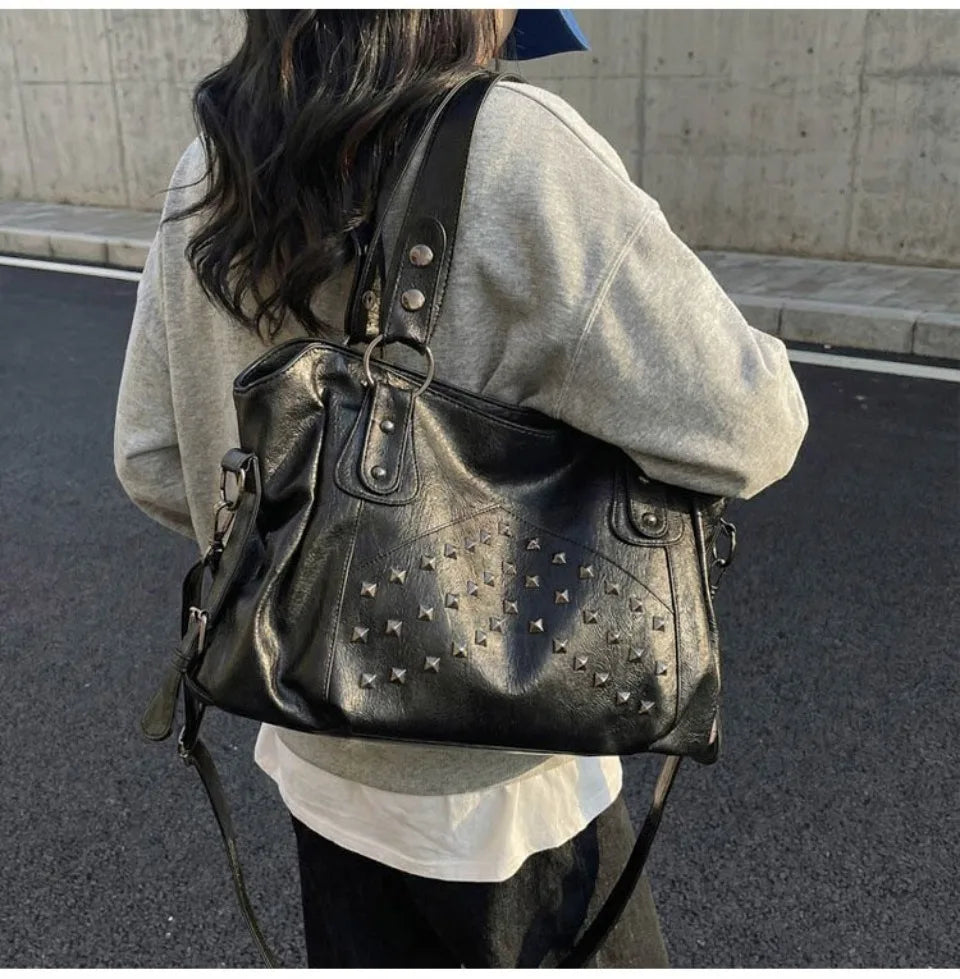 Large capacity women's rivet punk handbag with stylish, versatile design by HSF Marketplace