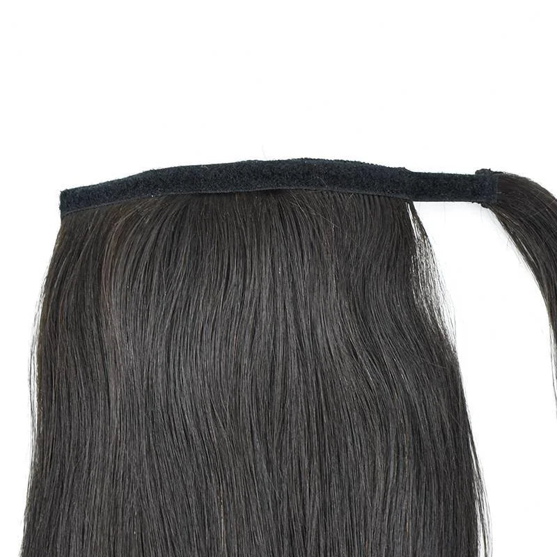 Long straight Brazilian Remy human hair wrap-around ponytail extension in natural color by HSF Marketplace