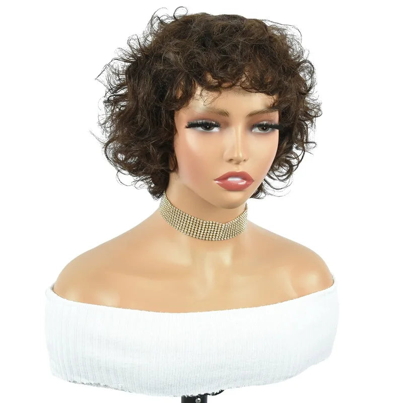 Curly pixie wig with short 6-inch Brazilian Virgin Remy human hair in various colors, full machine-made wig for women daily wear