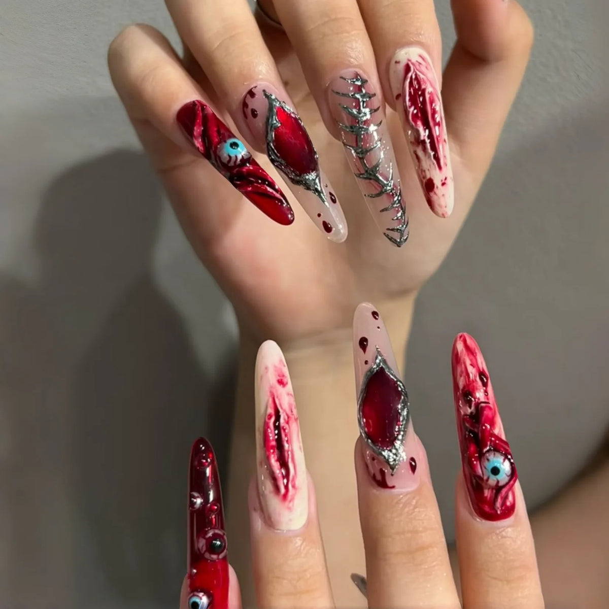 Pink glitter sequins press-on false nails with Halloween skull and love print, European ballet style, 24-piece set