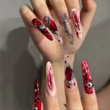 Pink glitter sequins press-on false nails with Halloween skull and love print, European ballet style, 24-piece set