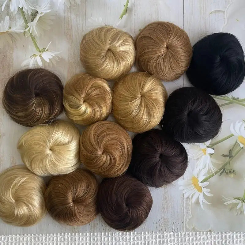 HSF Marketplace brown-blonde 6-inch human hair drawstring bun wig for thinner hair