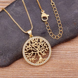 Gold plated Tree of Life pendant necklace with crystal accents, elegant jewelry for women featuring zircon chain and detailed design