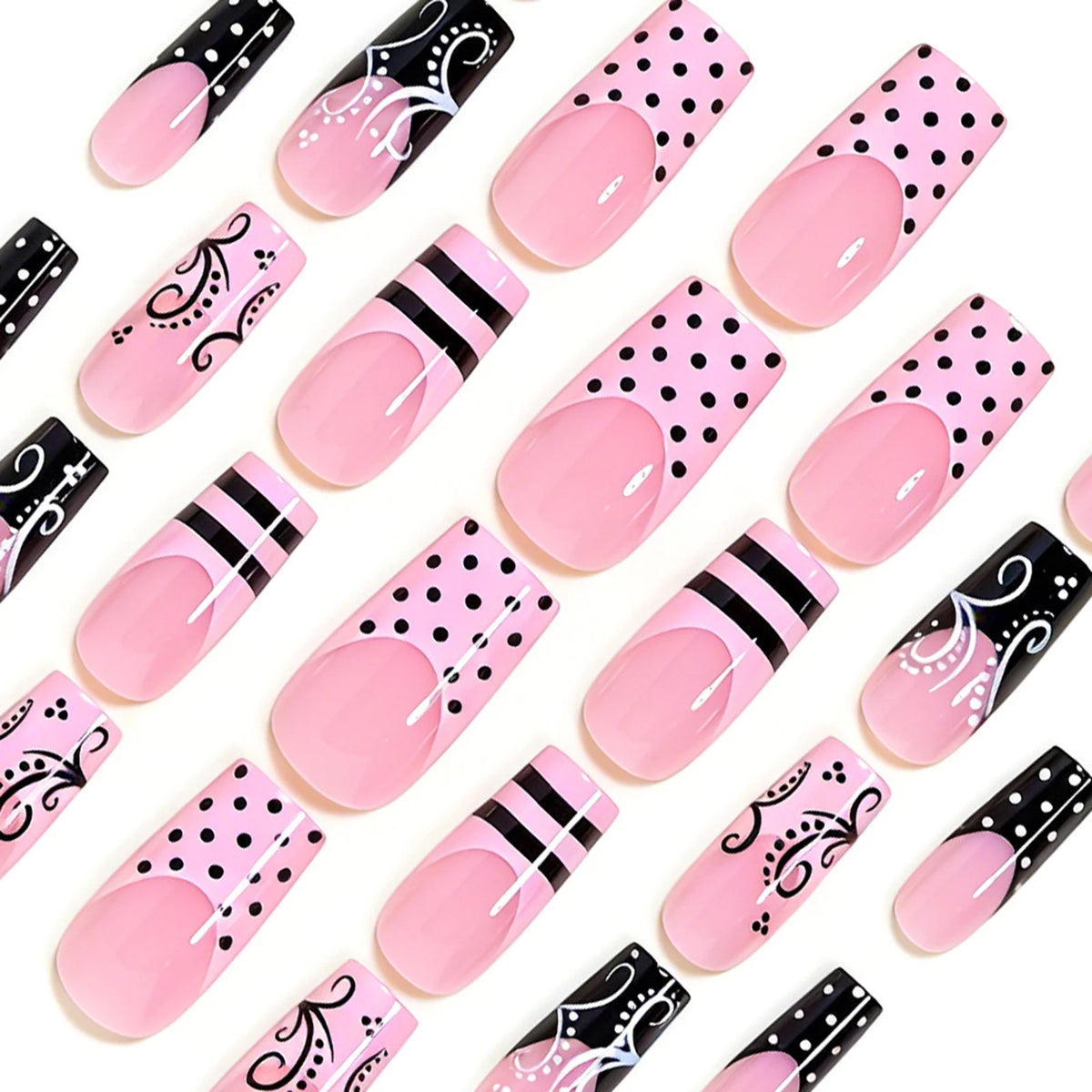 24-piece Sweet Punk pink and black French press-on nails with polka dot stripes, long coffin false nail tips