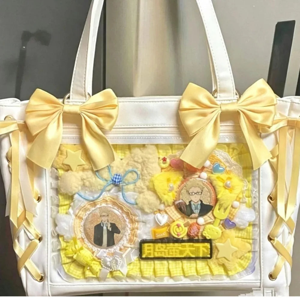 Cute Japanese ribbon ita bag, aesthetic transparent tote handbag with display window for girls by HSF Marketplace