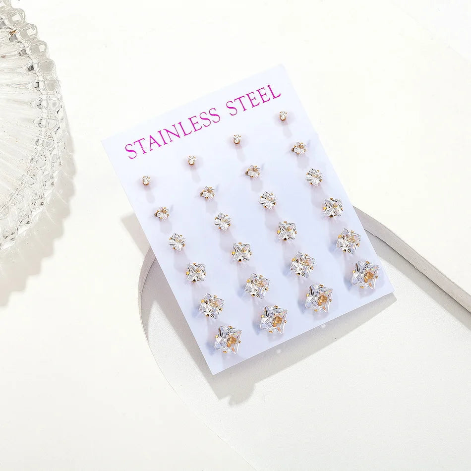 12 pairs white crystal stud earrings set, 2–7mm round and square zircons with golden stainless steel posts