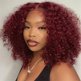 99J burgundy short bob human hair wig with water wave curls, 13x4 lace front and deep curly texture