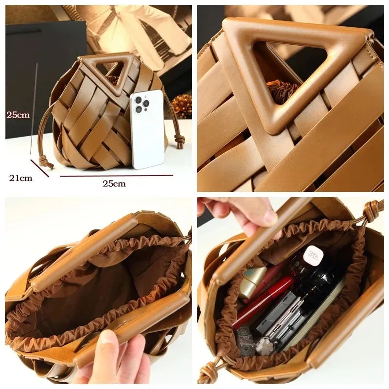 Trendy vegan leather woven tote bag for women with top handles, crossbody strap, stylish handbag for everyday use.