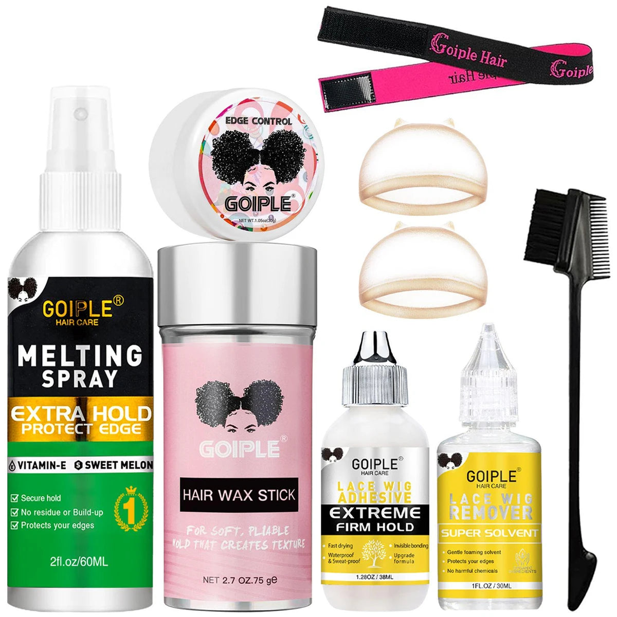 GOIPLE lace wig install and removal kit with melting spray, edge control wax, brush, elastic band, and hair caps for styling.