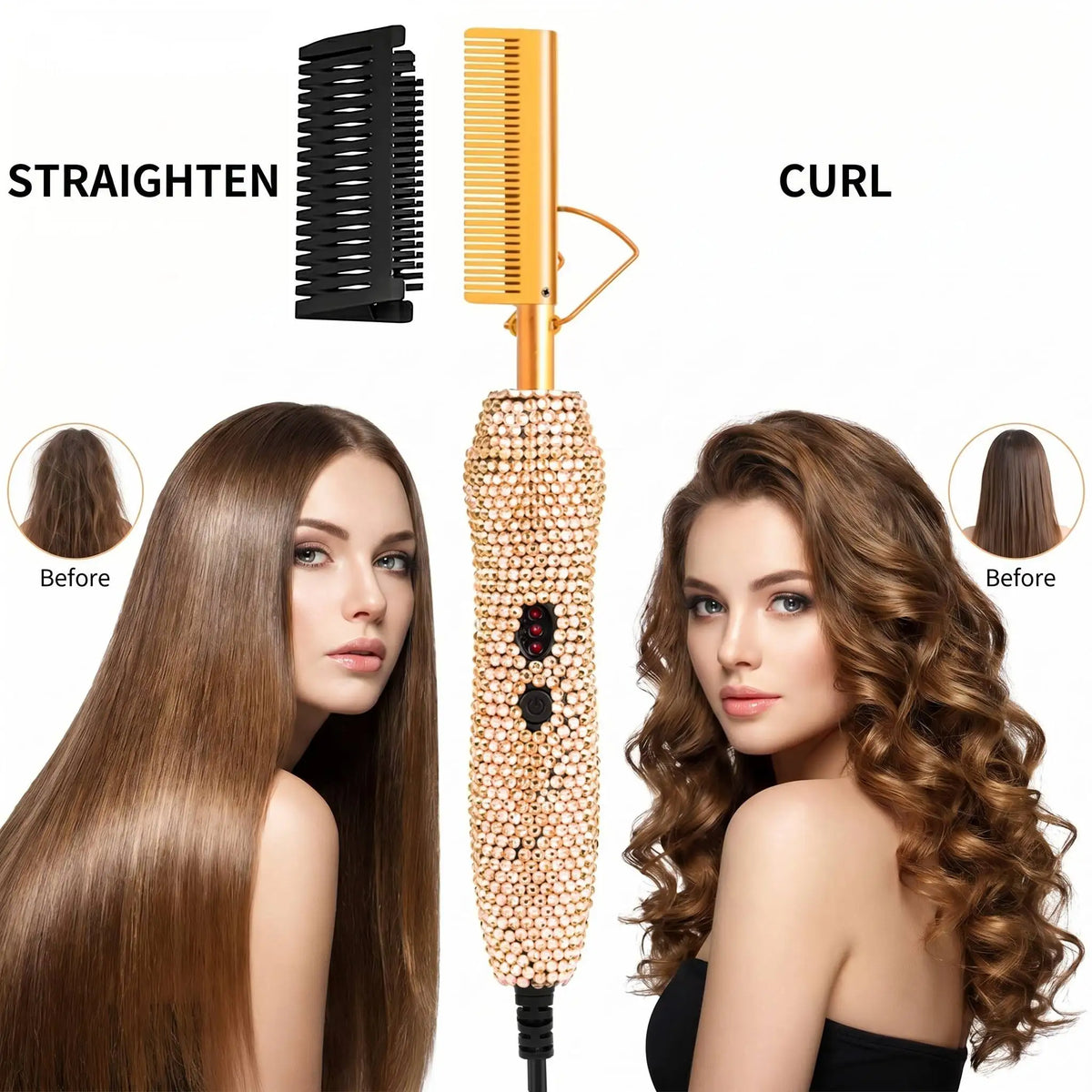 400℉ Hot Comb for Wigs & Human Hair, 2 in 1 Hair Straightener & Curler Bling Hot Hair Comb for Travel, Daily Use, Salon Grade
