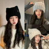 Women's cat ear knitted beanie wool hat in Korean style, winter warm cute headwear by HSF Marketplace