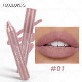 Set of 6 velvet matte lip crayons in neutral shades, featuring lightweight, waterproof, fade-resistant formula and compact packaging.