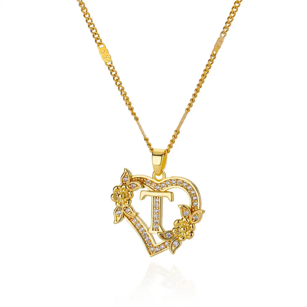 Gold heart initial letter necklace for women with stainless steel chain featuring A-Z alphabet pendant, birthday jewelry gift